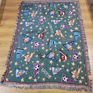 Green Sports-Themed Woven Throw with Multicolor Motifs